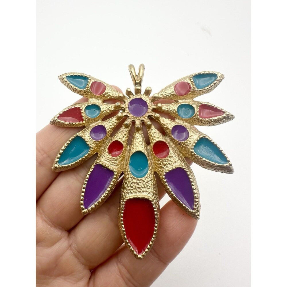 Vintage Gold Tone Enamel Pendant Large Leaf